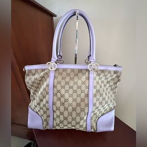 Gucci GG Canvas Lovely Heart Tote Bag with Light Purple Leather Trim - GUC